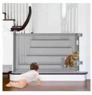 Retractable Baby Gate, Pet Gate W/ Cat Door - 33" Tall X 55" Wide (Gray) - New