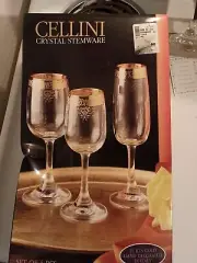 Set Of 4 Cellini Hand Decorated Crystal Stemware Wine Glasses With 24 Karot Gold