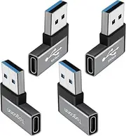 Togconn 90 Degree USB to USB C Adapter 10Gbps, 4-Pack Right Angle Type-C (Female) to USB-A (Male) Converter Extender Support Charge & Data Transfer Compatible with Computers, Tablet, Laptop