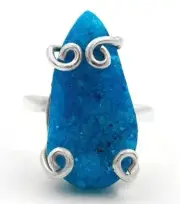 Natural Aquamarine Druzy 925 Sterling Silver Ring Jewelry Sz 7.5