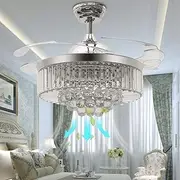 Reversible Retractable Ceiling Fans with LED Light and Remote Control, 42" Invisible Ceiling fan Chandelier with 4 Clear ABS Blade, Livingroom Fandelier Indoor Crystal Ceiling Light with Fans (Chrome)
