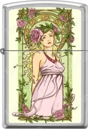 Zippo Nouveau Woman Green Floral Alphonse Mucha Style Satin Chrome Lighter