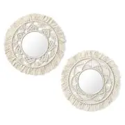 Hanging Wall Mirror with Macrame Fringe 2 Set Small Round Decoration Boho