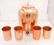 8 Ltr Hammered Pure Copper Water Dispenser Pot+ 4 Serving Copper Glass
