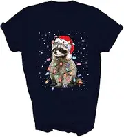 [Above Good Tee] Raccoon Christmas Tree Lights Racoon Lover Xmas Gift Unisex Shirt Women Men T-Shirt (Navy;S)