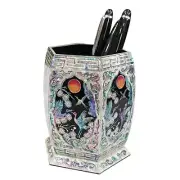 Mother of Pearl Inlay Desk Wood Pen Pencil Brush Holder Lid Case Box Storage