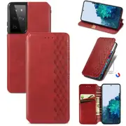 For Samsung Galaxy S21 Ultra Case, Cubic Grid Folio Magnetic PU Leather Cover Wallet, Kickstand, Red