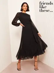 Friends Like These Black Pleated Chiffon Flutter Sleeve Midi Dress (AL9245) | $120