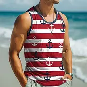 Men's Plaid Rudder T Shirt Vest Top Sleeveless T shirt 3D Print Crew Neck Shirt Vacation Casual Hawaiian Holiday Red Summer Spring Clothing Apparel S M L XL XX