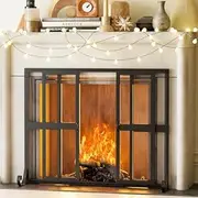 Fireplace Screen with Sliding Doors, 37.8" W x 30.7" H Handcrafted Wrought Iron Fire Spark Guard Fire Place Gate Protector for Living Room, Children and Pet Safety