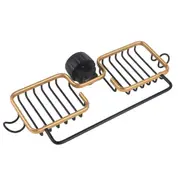 Faucet Storage Shelf Aluminum Plastic Two Containers with Towel Rod for Sponge Rag Kitchen Bathroom Black Gold