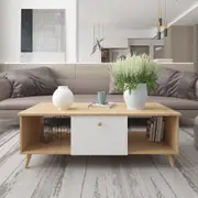 Coffee Table with Drawers Shelves 120cm White and Natural