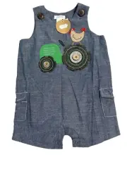 Mud Pie chambray romper. Appliqued tractor and chicken NWT 12/18M
