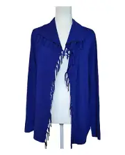 Chico's Festive Fringe Cardigan Sweater Blue Grotto Size 2 Open Front Collared
