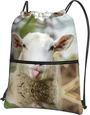 EdWal Funny Naughty Sheep Tongue Cute Animal Print Drawstring Backpack Gym Bags Sports Bags With Zipper Pocket For Travel Beach, Black, One Size