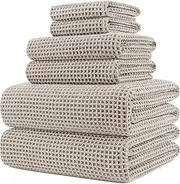 [Polyte] Microfibre Oversize, 76 x 152 cm, Quick Dry Lint Free Bath Towel Set, 6 Piece (Beige, Waffle Weave)
