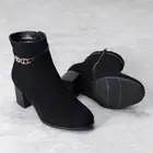 Womens Chic Almond Toe Chunky Heel Ankle Boots with Decorative Metallic Chain