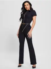GUESS Women's Dark Blue Ember Flare Denim Jumpsuit In Le Clique Wash Size: XS, Spandex