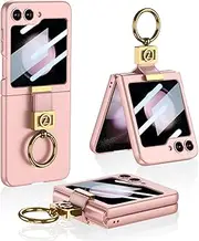 Ultra-Thin Leather Mobile Phone case for Samsung Galaxy Z Flip 5, Folding Hard PC Protective Shockproof Cover with Ring, Camera Protector Shell for Z Flip5 (Pink)