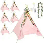 Kigley 6 Sets Teepee Tents Indoor White Cotton Linen Play Teepee Tents with 6.6 ft Pink Fake Rose Vine Artificial Garland 10 ft Battery Operated String Lights for Room Decor