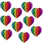10 Pcs Rainbow Party Decorations, Rainbow Paper Honeycomb Balls, Love Heart Paper Honeycomb Balls Hanging Pride Decorations Pride Pom Supplies for LGBT Party Celebration Wedding Decor