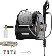 [Giraffe Tools] Grandfalls Pressure Washer Plus+, Electric Wall Mounted Pressure Washer with 30M Retractable Pressure Hoses, 2400PSI, 2.0GPM, 4 Nozzles, Foam Cannon for Cars/Patios, Dark Silver