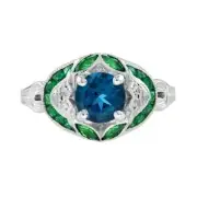 Art Deco Style Lab-Created Diamond Blue Topaz Emerald Ring 14K White Gold FN
