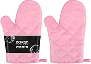 Heat Resistant Thick Cotton Oven Mitts Set, Soft Quilted Lining, Strong Grip Potholders for Hot Pans and Oven, Kitchen Mitt Pair Protect Hands, Cooking Baking BBQ Gloves, 11 Inch, Pink