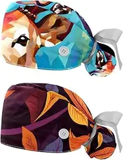[YTYVAGT] 2-Pc,Nurse Scrub Caps,Scrub Hats with Buttons and Cotton Sweatband,Abstract Colorful Animal Deer Pattern