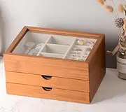 Clasin Home Jewelry Box with Glass Lid, 3 Layer Jewelry Organizer for Women, Solid Wooden Jewelry Box Display for Ring Earrings Necklace Bracelet, Pine Wood Jewelry Boxes Vintage Style for Gifts