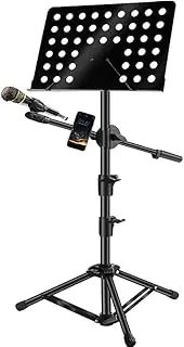 SHENMAIDAY Portable Metal Music Stand, Foldable and Adjustable Music Stand with Removable Microphone Holder and Cell Phone Holder for Instrumental Performance, Band and Travel
