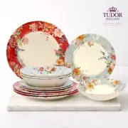 TUDOR ENGLAND 12 piece ROYAL Glossy Porcelain Dinnerware Set Service for 4 NEW
