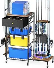 Fishing Rod Holders for Garage, 360°Rotating Fishing Pole Holders, Fishing Rod Rack Cart Holds Up to 12 Rods, Fishing Rod Storage Stand Equipment Organizerfor Men