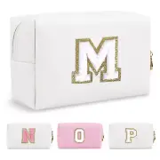 Small Personalized Initial A-Z Preppy Patch Makeup Bag,White PU Chenille Letter