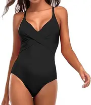 [TEMKIN] Women's One Piece Swimsuit V Neck Ruched Criss Cross Sexy Swimwear Adjustable Strap Swimming Costume
