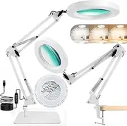 CHUCII 10X Magnifying Glass with Light and Stand, Magnifying Led Desk Lamp, Adjustable Color and Brightness Reading Light Ring Light for Repair, Crafts, Soldering (White, Rectangle Base & Clamp)