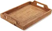 Mofish Rattan Hand-Woven Serving Tray Decorative Display Tray Storage Platters with Handle Table Desktop Organiser Tray for Coffer,Drink,Breakfast,Tea,Candle (34CM)