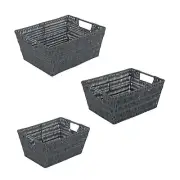 Simplify 3 Pack Set Rattan Tote Storage Baskets, Charcoal