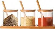 3 PCS Glass Condiment Containers with Bamboo Base Spoons and Lids Condiment Container Seasoning Box Set for Sugar Salt Pepper Spice Jars,300ml(10oz)