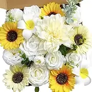 Sunflowers Artificial Flowers for Wedding Valentines Day Decorations, Fake Flowers Box with Stems for Valentines Day DIY Party Table Centerpiece Bridal Bouquet Decor (Yellow White)