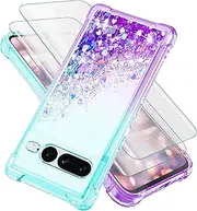 Gritup Clear Liquid Sparkle Glitter Floating Quicksand Phone Case, Soft TPU Bumper Shockproof Protective, Pixel 7 Pro Case for Women Girls, Blue/Purple with Screen Protector*2