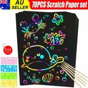 70 PCS Scratch Paper Art Rainbow Magic Scratch Off Art Crafts Set Supply Drawing