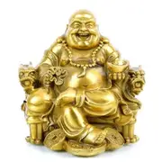 Feng Shui Buddha Statue Lucky God Of Wealth, Laughing Buddha On Emperor Dragon Chair, Brass Buddha Statue And