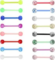[SMCEHEYA] 16 PCS Tongue Bars Glow in the Dark Plastic Tongue Rings Acrylic Glitter Body Piercing Flexible Tongue Barbells Plastic Small Nipple Piercing Bars, Multi-Color Tongue Bars Jewellery, Plastic