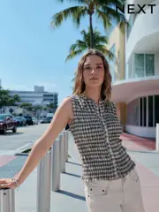 Grey Gingham Check Sleeveless Button Down Smock Top (AW6688) | $56