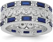 [JewelryWeb] 3.75mm 925 Sterling Silver Rhodium Plated Emerald-Cut and Brilliant cut Blue And White CZ Three Piece Eternity Ring Set-Eternity-Ring for Women