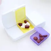 Tablet Cutter and Pill Organizer, 2 in 1 Medicine Splitter with Storage Box, ABS PP Plastic, Yellow and Purple, Portable Tablet Divider