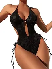 [TINAYAUE] Women's One Piece Swimsuit Sexy Bathing Suit High Cut Thong Monokini Swimsuits Self Tie Neck Halter Ribbed Swimwear