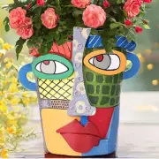 Abstract Multicolored Face Flower Pot Head Planter, Modern Unique Art Planter...