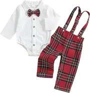 [Bufarromio] Baby Boys Gentleman 3Pcs Outfits Long Sleeve Lapel Neck Button Romper Plaid Suspender Long Pants Bowtie Set 0-18M